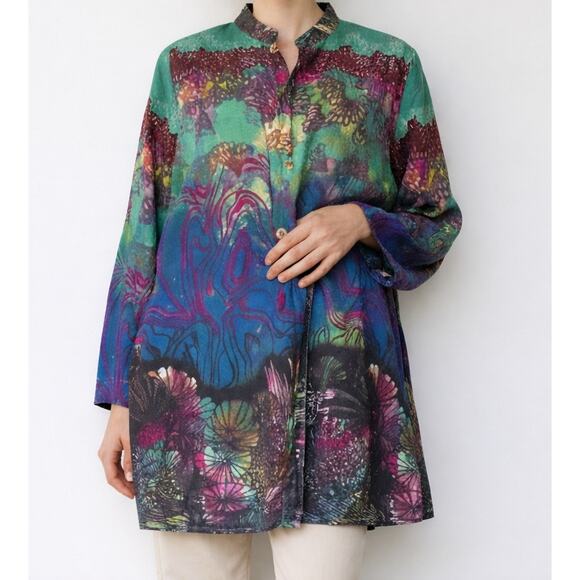 Citron Santa Monica Tunic Blouse Womens 3X Teal Relaxed Silk Boho Resort Artcore - Picture 1 of 6